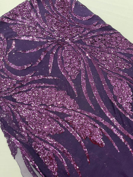 Feather Damask Shiny Sequin Design 4-Way Stretch Mesh Fabric - Damask Pattern, 54" Width (1 Yard)