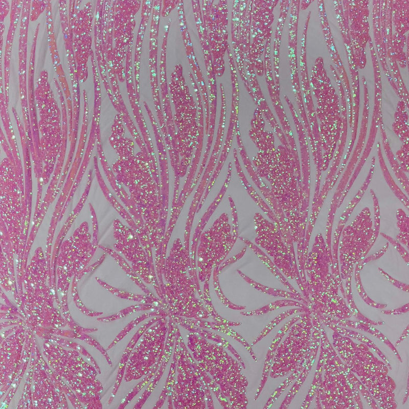 Feather Damask Shiny Sequin Design 4-Way Stretch Mesh Fabric - Damask Pattern, 54" Width (1 Yard)