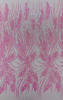 Feather Damask Shiny Sequin Design 4-Way Stretch Mesh Fabric - Damask Pattern, 54" Width (1 Yard)