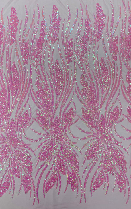 Feather Damask Shiny Sequin Design 4-Way Stretch Mesh Fabric - Damask Pattern, 54" Width (1 Yard)