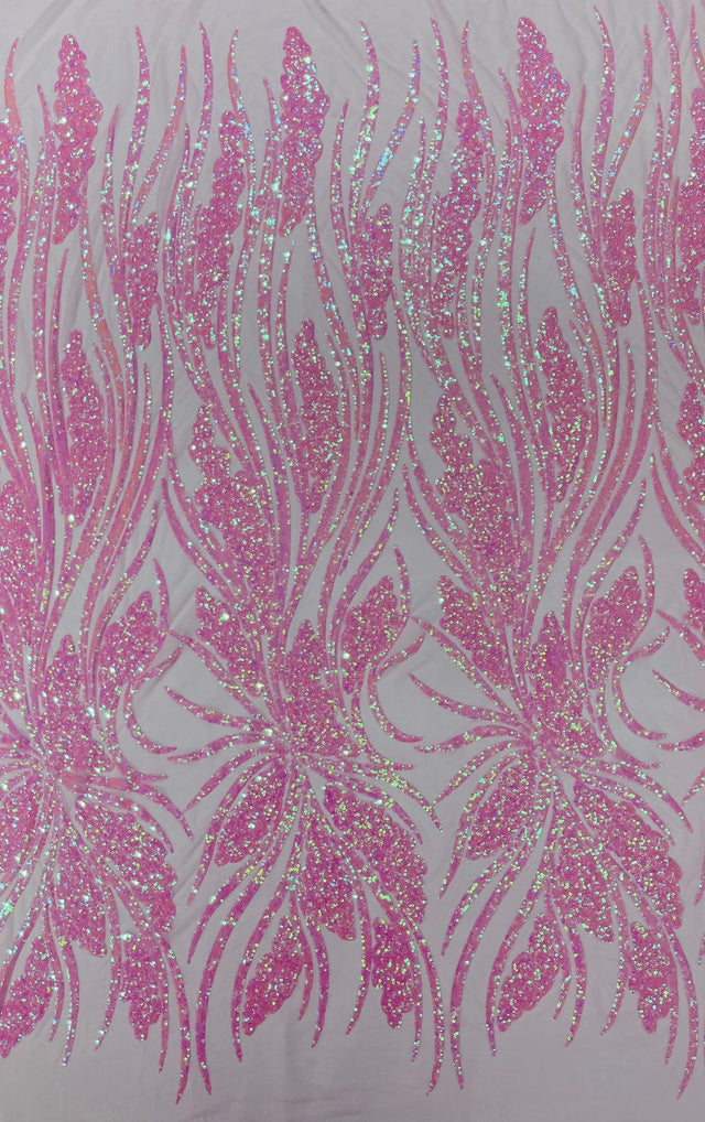 Feather Damask Shiny Sequin Design 4-Way Stretch Mesh Fabric - Damask Pattern, 54" Width (1 Yard)