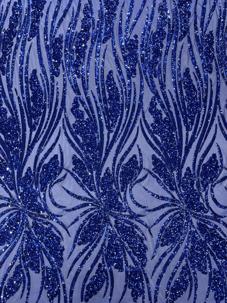 Feather Damask Shiny Sequin Design 4-Way Stretch Mesh Fabric - Damask Pattern, 54" Width (1 Yard)