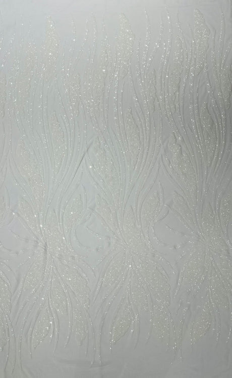 Feather Damask Shiny Sequin Design 4-Way Stretch Mesh Fabric - Damask Pattern, 54" Width (1 Yard)
