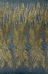 Feather Damask Shiny Sequin Design 4-Way Stretch Mesh Fabric - Damask Pattern, 54" Width (1 Yard)