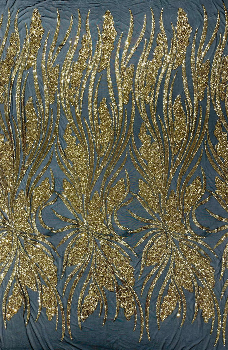 Feather Damask Shiny Sequin Design 4-Way Stretch Mesh Fabric - Damask Pattern, 54" Width (1 Yard)