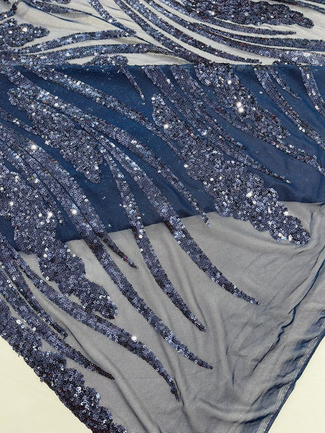 Feather Damask Shiny Sequin Design 4-Way Stretch Mesh Fabric - Damask Pattern, 54" Width (1 Yard)