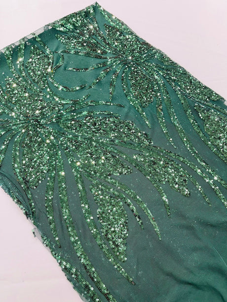 Feather Damask Shiny Sequin Design 4-Way Stretch Mesh Fabric - Damask Pattern, 54" Width (1 Yard)