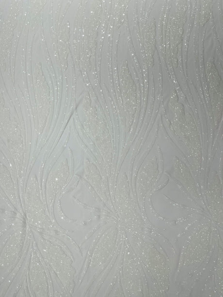 Feather Damask Shiny Sequin Design 4-Way Stretch Mesh Fabric - Damask Pattern, 54" Width (1 Yard)