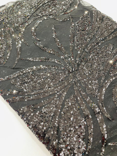 Feather Damask Shiny Sequin Design 4-Way Stretch Mesh Fabric - Damask Pattern, 54" Width (1 Yard)
