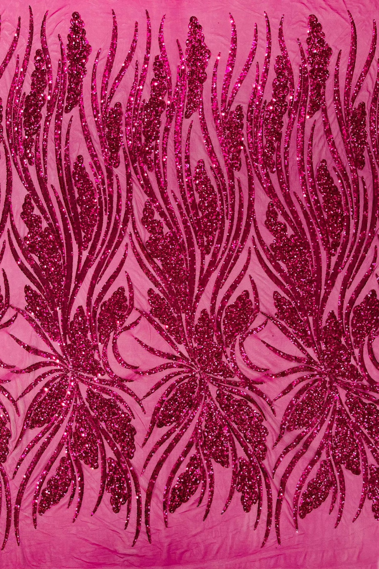 Feather Damask Shiny Sequin Design 4-Way Stretch Mesh Fabric - Damask Pattern, 54" Width (1 Yard)