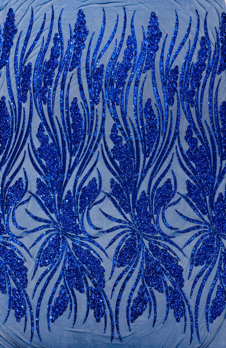 Feather Damask Shiny Sequin Design 4-Way Stretch Mesh Fabric - Damask Pattern, 54" Width (1 Yard)