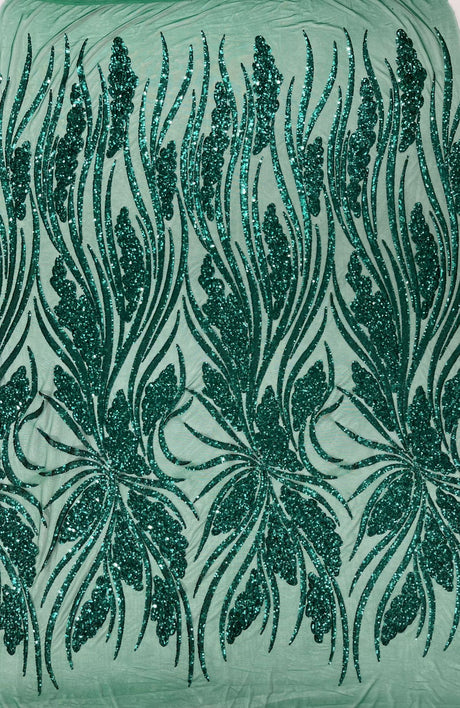 Feather Damask Shiny Sequin Design 4-Way Stretch Mesh Fabric - Damask Pattern, 54" Width (1 Yard)
