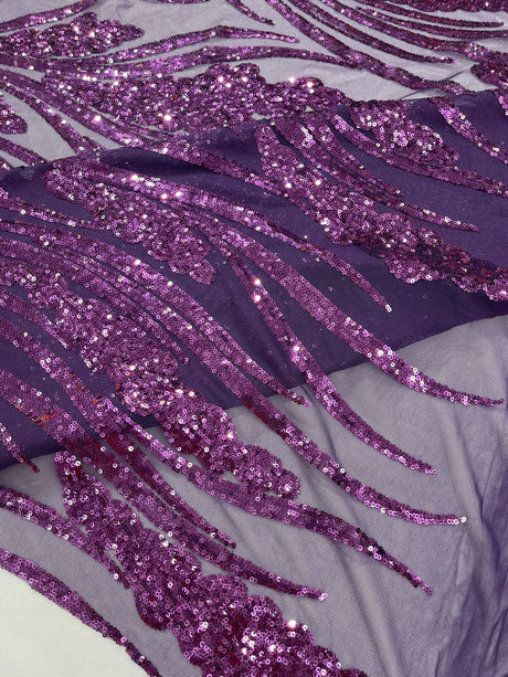 Feather Damask Shiny Sequin Design 4-Way Stretch Mesh Fabric - Damask Pattern, 54" Width (1 Yard)