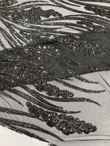 Feather Damask Shiny Sequin Design 4-Way Stretch Mesh Fabric - Damask Pattern, 54" Width (1 Yard)