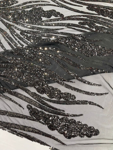 Feather Damask Shiny Sequin Design 4-Way Stretch Mesh Fabric - Damask Pattern, 54" Width (1 Yard)