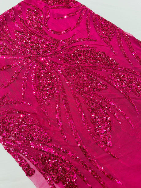 Feather Damask Shiny Sequin Design 4-Way Stretch Mesh Fabric - Damask Pattern, 54" Width (1 Yard)