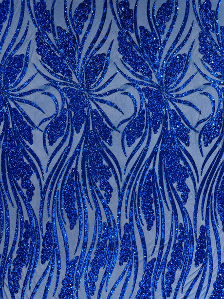 Feather Damask Shiny Sequin Design 4-Way Stretch Mesh Fabric - Damask Pattern, 54" Width (1 Yard)