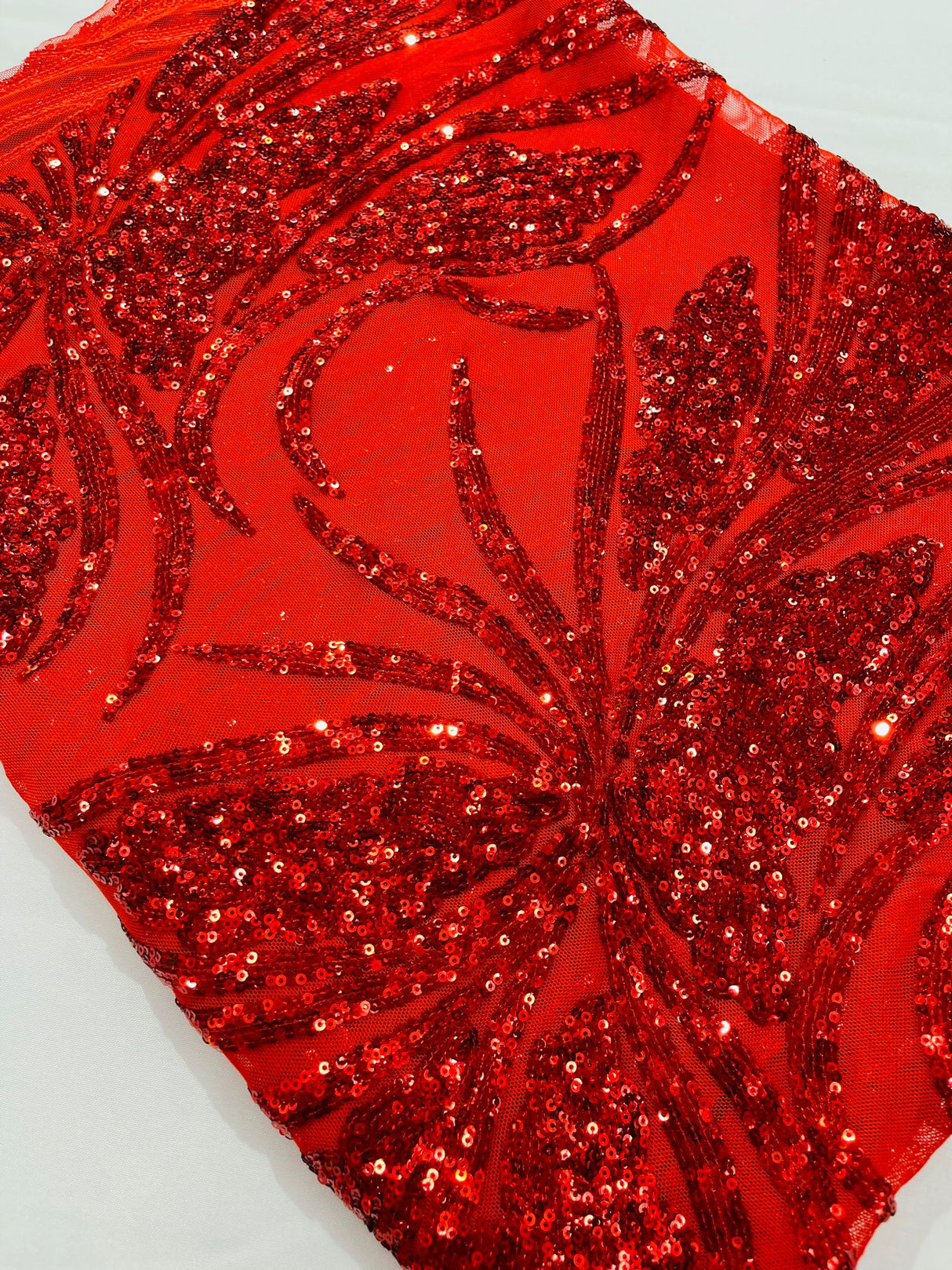 Feather Damask Shiny Sequin Design 4-Way Stretch Mesh Fabric - Damask Pattern, 54" Width (1 Yard)