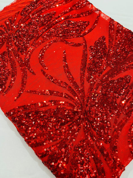 Feather Damask Shiny Sequin Design 4-Way Stretch Mesh Fabric - Damask Pattern, 54" Width (1 Yard)