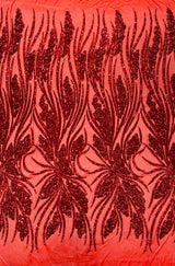 Feather Damask Shiny Sequin Design 4-Way Stretch Mesh Fabric - Damask Pattern, 54" Width (1 Yard)