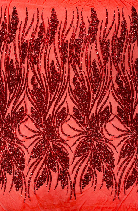 Feather Damask Shiny Sequin Design 4-Way Stretch Mesh Fabric - Damask Pattern, 54" Width (1 Yard)