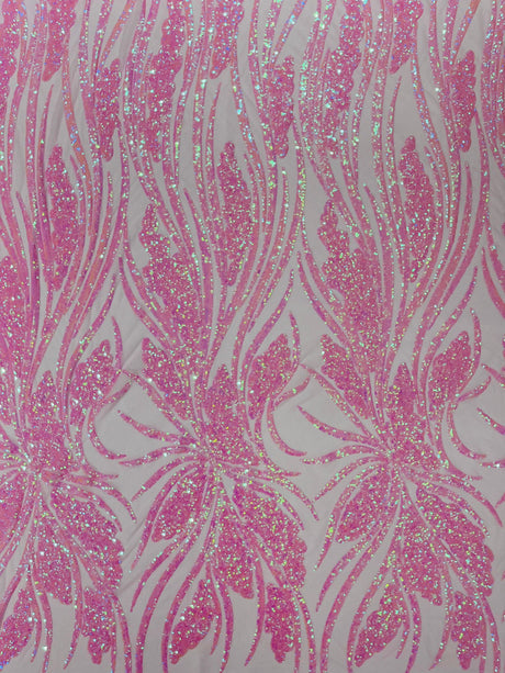 Feather Damask Shiny Sequin Design 4-Way Stretch Mesh Fabric - Damask Pattern, 54" Width (1 Yard)
