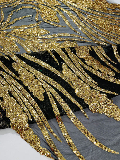 Feather Damask Shiny Sequin Design 4-Way Stretch Mesh Fabric - Damask Pattern, 54" Width (1 Yard)