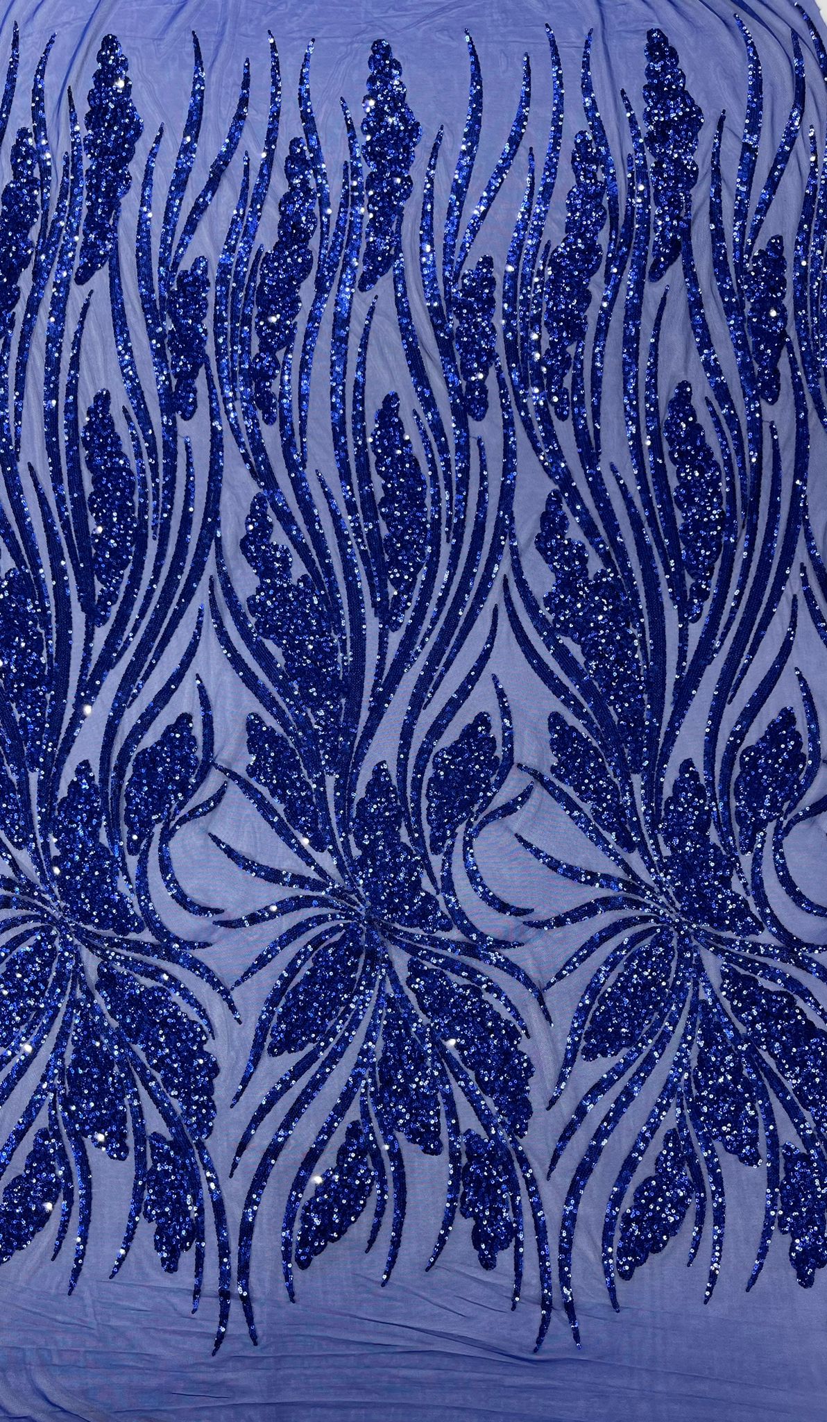 Feather Damask Shiny Sequin Design 4-Way Stretch Mesh Fabric - Damask Pattern, 54" Width (1 Yard)