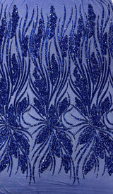 Feather Damask Shiny Sequin Design 4-Way Stretch Mesh Fabric - Damask Pattern, 54" Width (1 Yard)