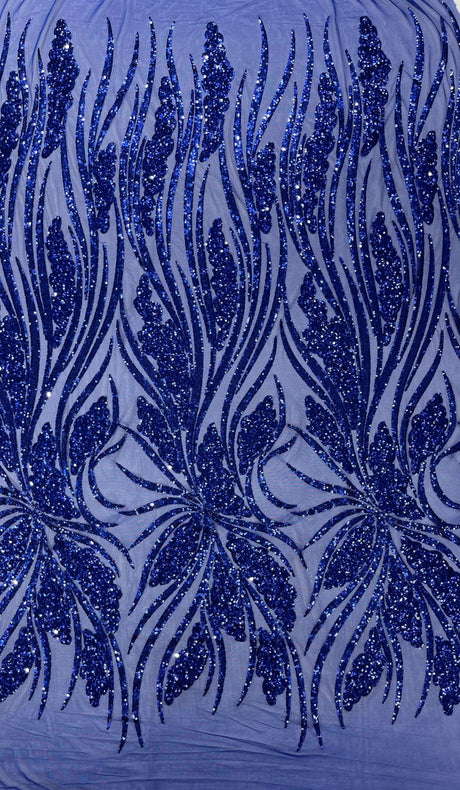 Feather Damask Shiny Sequin Design 4-Way Stretch Mesh Fabric - Damask Pattern, 54" Width (1 Yard)