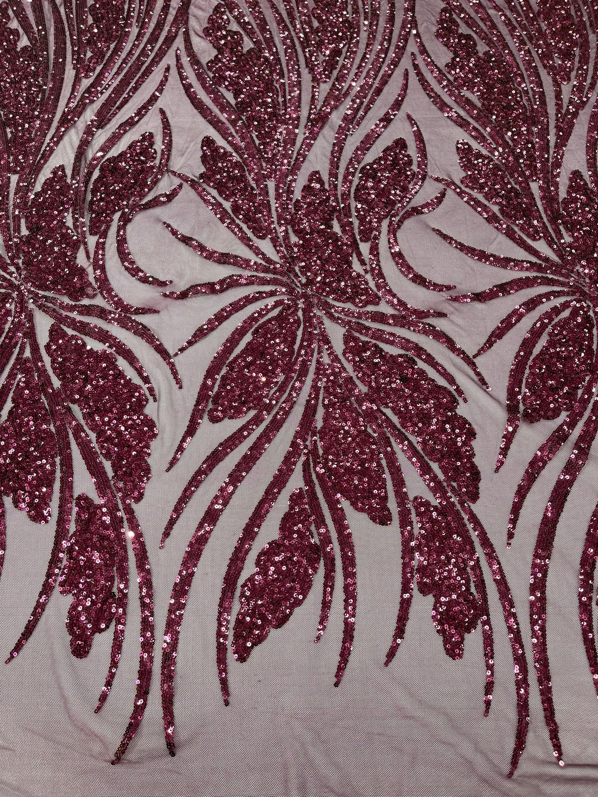 Feather Damask Shiny Sequin Design 4-Way Stretch Mesh Fabric - Damask Pattern, 54" Width (1 Yard)
