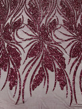 Feather Damask Shiny Sequin Design 4-Way Stretch Mesh Fabric - Damask Pattern, 54" Width (1 Yard)