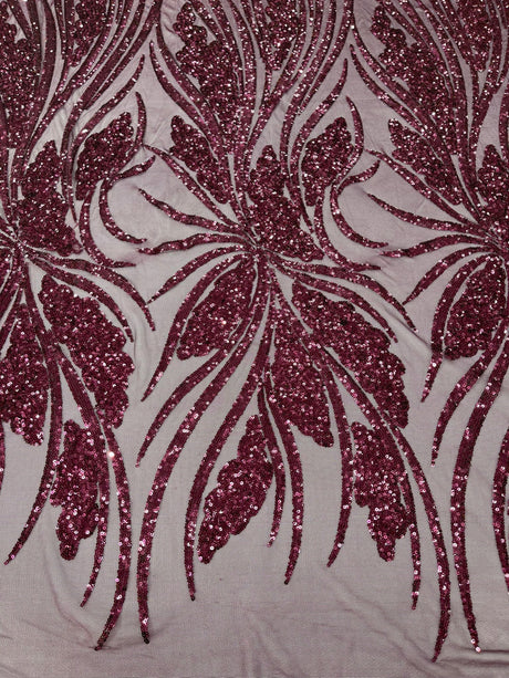 Feather Damask Shiny Sequin Design 4-Way Stretch Mesh Fabric - Damask Pattern, 54" Width (1 Yard)