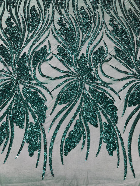 Feather Damask Shiny Sequin Design 4-Way Stretch Mesh Fabric - Damask Pattern, 54" Width (1 Yard)