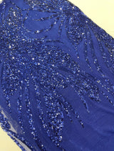 Feather Damask Shiny Sequin Design 4-Way Stretch Mesh Fabric - Damask Pattern, 54" Width (1 Yard)
