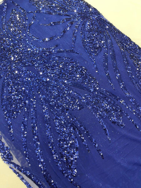 Feather Damask Shiny Sequin Design 4-Way Stretch Mesh Fabric - Damask Pattern, 54" Width (1 Yard)