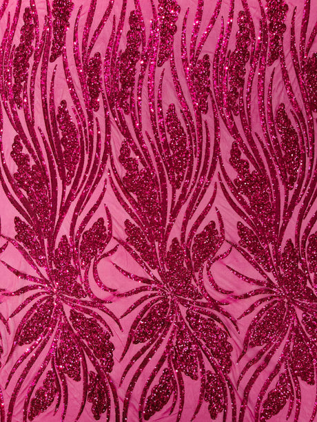 Feather Damask Shiny Sequin Design 4-Way Stretch Mesh Fabric - Damask Pattern, 54" Width (1 Yard)
