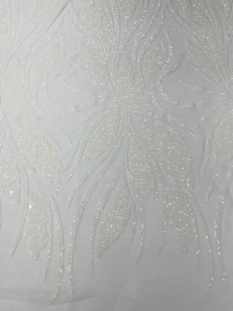 Feather Damask Shiny Sequin Design 4-Way Stretch Mesh Fabric - Damask Pattern, 54" Width (1 Yard)