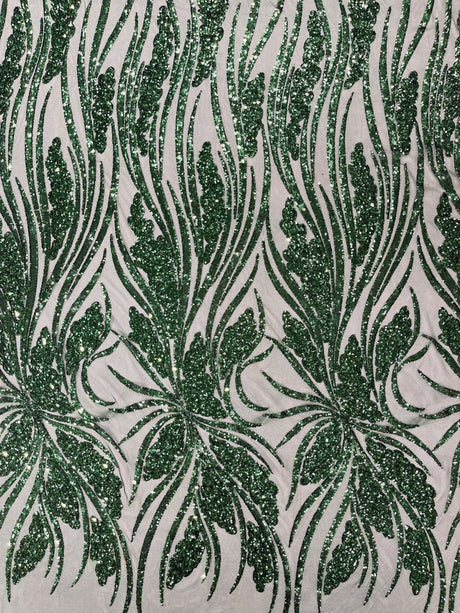 Feather Damask Shiny Sequin Design 4-Way Stretch Mesh Fabric - Damask Pattern, 54" Width (1 Yard)