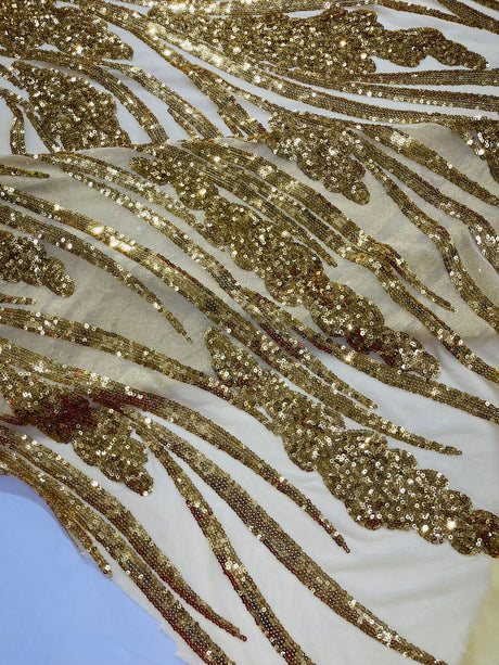Feather Damask Shiny Sequin Design 4-Way Stretch Mesh Fabric - Damask Pattern, 54" Width (1 Yard)