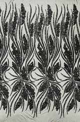 Feather Damask Shiny Sequin Design 4-Way Stretch Mesh Fabric - Damask Pattern, 54" Width (1 Yard)