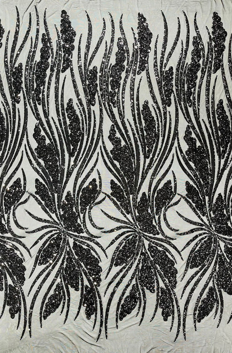 Feather Damask Shiny Sequin Design 4-Way Stretch Mesh Fabric - Damask Pattern, 54" Width (1 Yard)