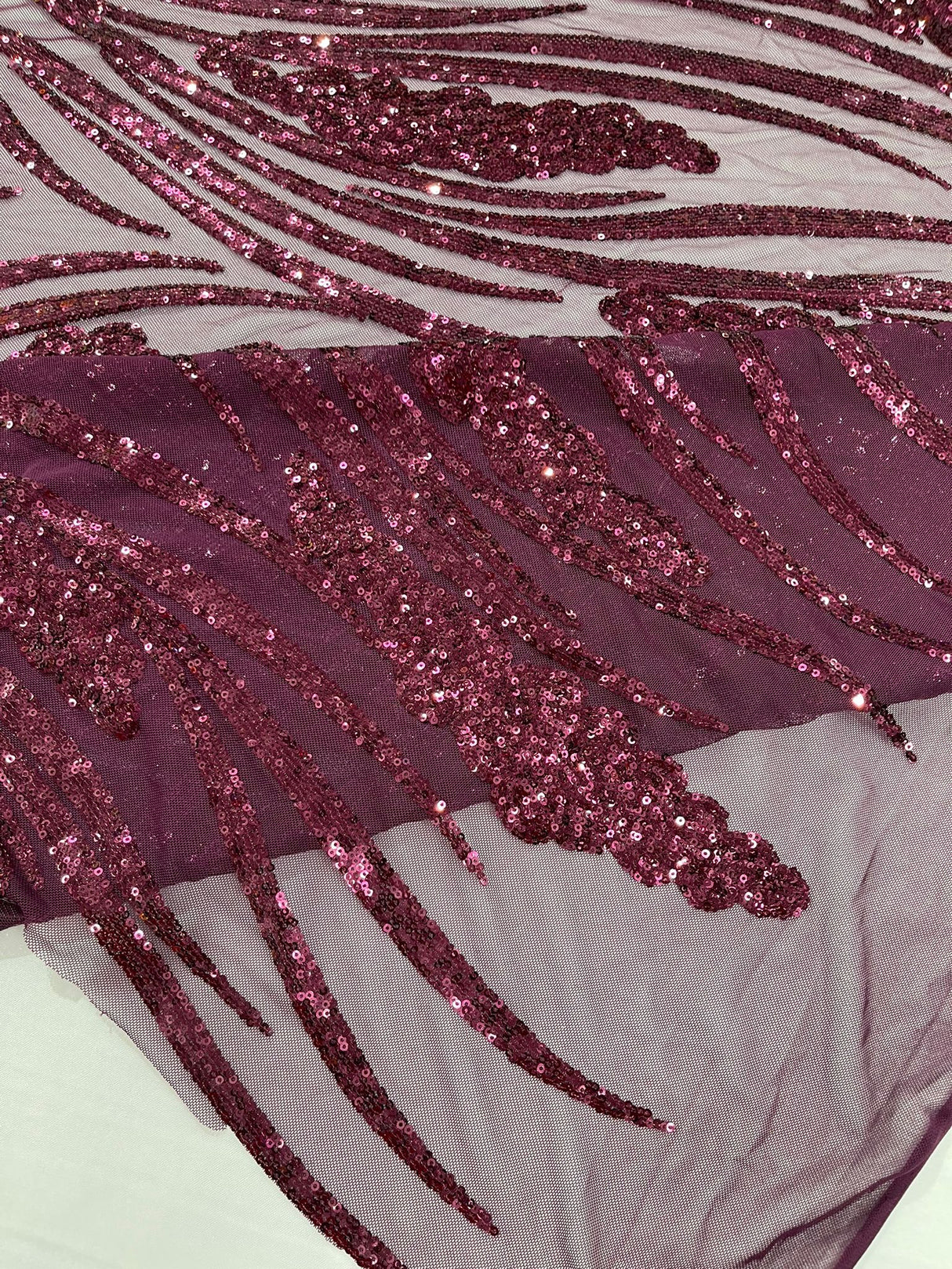 Feather Damask Shiny Sequin Design 4-Way Stretch Mesh Fabric - Damask Pattern, 54" Width (1 Yard)