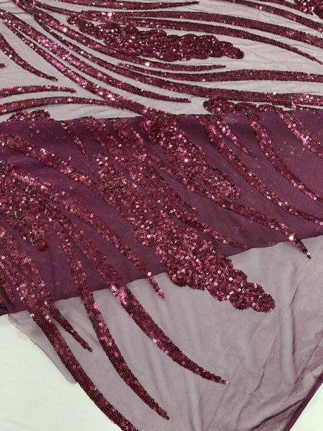 Feather Damask Shiny Sequin Design 4-Way Stretch Mesh Fabric - Damask Pattern, 54" Width (1 Yard)