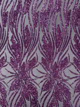 Feather Damask Shiny Sequin Design 4-Way Stretch Mesh Fabric - Damask Pattern, 54" Width (1 Yard)