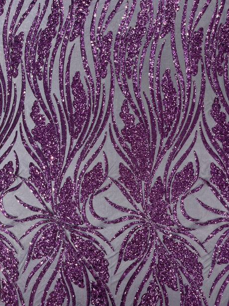Feather Damask Shiny Sequin Design 4-Way Stretch Mesh Fabric - Damask Pattern, 54" Width (1 Yard)