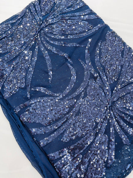 Feather Damask Shiny Sequin Design 4-Way Stretch Mesh Fabric - Damask Pattern, 54" Width (1 Yard)