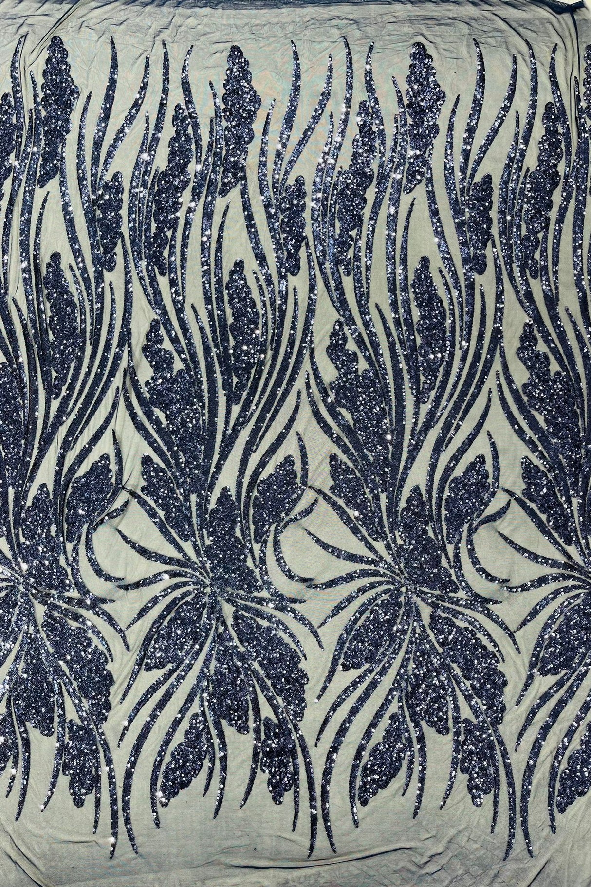 Feather Damask Shiny Sequin Design 4-Way Stretch Mesh Fabric - Damask Pattern, 54" Width (1 Yard)