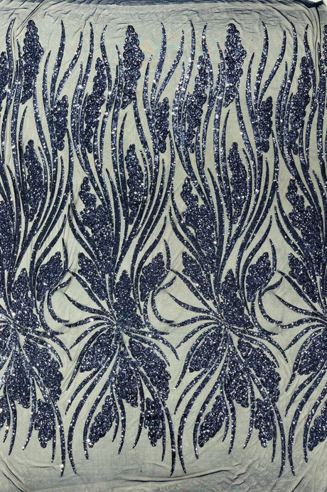 Feather Damask Shiny Sequin Design 4-Way Stretch Mesh Fabric - Damask Pattern, 54" Width (1 Yard)