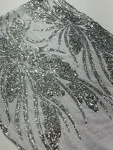 Feather Damask Shiny Sequin Design 4-Way Stretch Mesh Fabric - Damask Pattern, 54" Width (1 Yard)